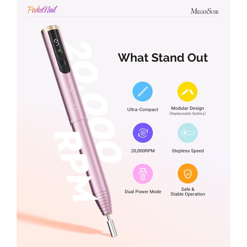 MelodySusie PocketNail Cordless Nail File, PC100GR Pen-Shaped Portable Nail Drill