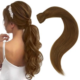 Easyouth Ponytail Extension Brown Human Hair Ponytail Extensions Wrap Around Ponytail Human Hair Pony Tails Hair Extensions Clip in Ponytail Extension Human Hair Milky Brown 16inch 80g #4