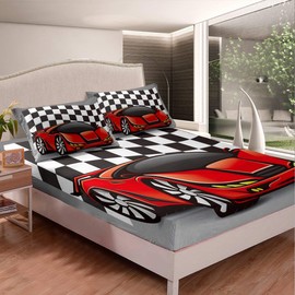 Erosebridal Racing Car Sheet Set Cool Speed Race Car Fitted Sheet for Kids Boys Teens Automobile Pattern Bedding Set Twin Size Grid Extreme Sport Bed Cover Lightweight Bed Décor(NO TOP Sheet)