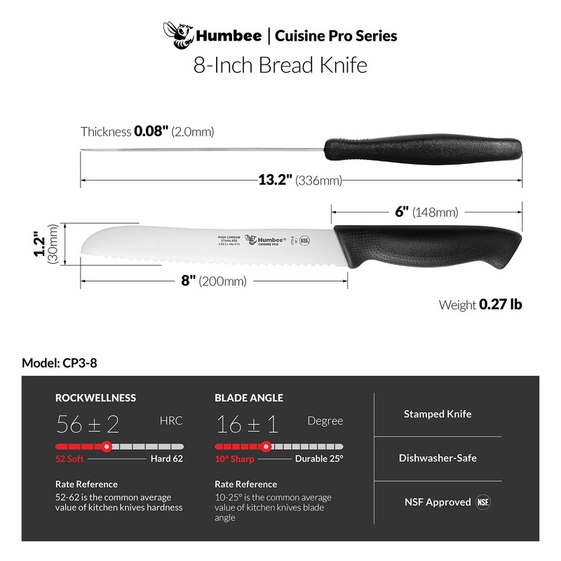 Humbee Cusine Pro, 8 inch Bread Knife, Serrated Knife Wave