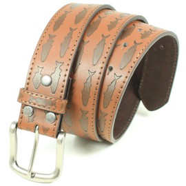 Fish Pattern Leather Belt Strap and Metal Buckle 1.5" Wide with Snaps - Ocean Lake River Fishing Angler Bass (Brown-L)