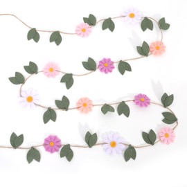 Daisy Leaf Felt Garland - Spring Flower Birthday Wedding Decorations, Colorful Daisy Green Leaves Banner, Felt Floral Wall Hanging Garland, Bohemian Garden Party Photo Props (Pink Daisy Leaf Garland)