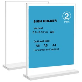 2 Pack Acrylic Sign Holder 5.8 x 8.3 Inches, Clear Menu Stand, Vertical Flyer Display, Table Paper Holder, Desk Brochure, Plastic Sign Display for Restaurants, Office, Store (A5)