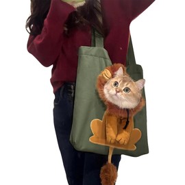 Lion-Shaped Pet Canvas Shoulder Bag Portable Cat Carrier Tote Bag Breathable Dog Carrying Case Outdoor Travel Handbag for Small Cat Dog Pet