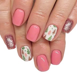 Christmas Press On Nails Square Fake Nails Bow With Elk Christmas Cap Design Xmas False Nails Winter Glue On Nails (Style SDJA50, Short)