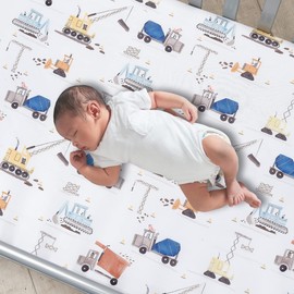 Bedtime Originals Construction Zone Baby Polyester Fitted Crib/Toddler Sheet- White/Trucks