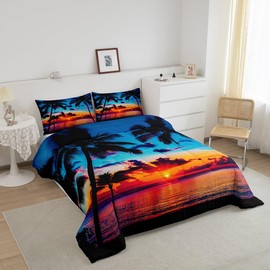 Feelyou Ocean Beach Themed Bedding Set Queen Size,Tropical Sunset Beach with Palm Trees Comforter Set,Peaceful Sea Marine Palm Tree Comforter Bright Hawaii Style Duvet Set 1 Comforter 2 Pillowcase
