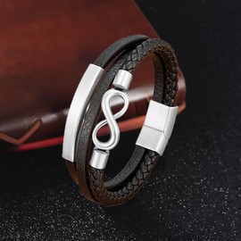 REchoLI Infinity Bracelet for Man,Stainless Steel Buckle,Silver Infinite Love Symbol, Wristband, Cuff Bracelet, Multi-Layered Braided