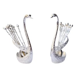 Silver Plated Swan Duck With 12 Pcs Tea Spoon Set For Home And Kitchen Decorative Swan Base Holder Spoons for Coffee, Fruit, Dessert, Stirring, Mixing Sugar (Set Of 2) By ORNATE INTERNATIONAL.