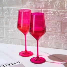 Hot Pink Wine Glasses | Set of 2 | Magenta & Blush Pink Classic Crystal Glassware, Glasses for Red and White, Cocktails, Champagne, Wine – Unique Gift for Wine Lovers (12 OZ)