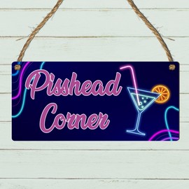 Funny "Pisshead Corner" Neon Effect MDF Sign with Cocktail Graphic – Humorous Wall Plaque for Home Bar, Man Cave, or Garden Shed Decor – Gift for Drink Lovers, Bartenders, and Party Hosts