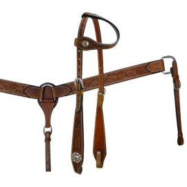 Showman Floral Tooled Leather Engraved Silver Concho Headstall Breast Collar Reins Set