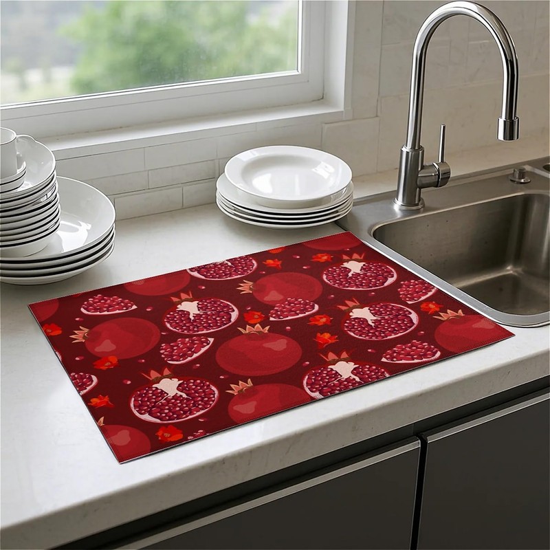 Red Pomegranate Dish Drying Mat For Kitchen Counter, Super Absorbent