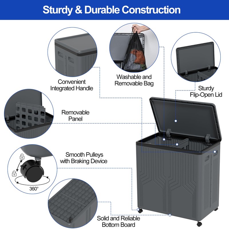 120 L Large 2 Section Laundry Hamper with Lid and