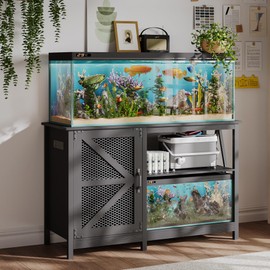 ChooChoo Aquarium Stand with Power Outlets, 55-75 Gallon Fish Tank Stand with Cabinet Storage, for Breeder Tank, Turtle Tank, Double Terrarium Stand, Reptile Tank Stand, Black