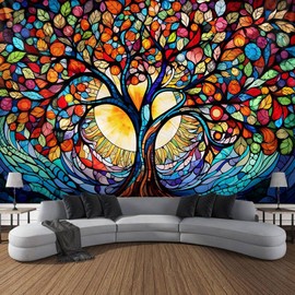 Tree of Life Wall Hanging Decor Tapestry with Stained Glass Colorful Wall Art Large Tapestry Mural Decor Photograph Backdrop Blanket Curtain Home Bedroom Living Room Decoration