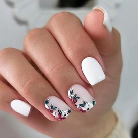 24 Pcs Flower Press on Nails Short Fake Nails Square White False Nails Spring Summer Flowers Design Artificial Nails for Women And Girl