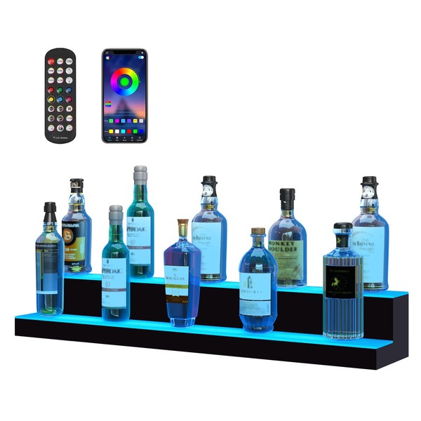 VEVOR LED Lighted Liquor Bottle Display, 2 Tiers 40 Inches, Illuminated Home Bar Shelf with RF Remote & App Control 7 Static Colors 1-4 H Timing, Acrylic Drinks Lighting Shelf for Holding 20 Bottles