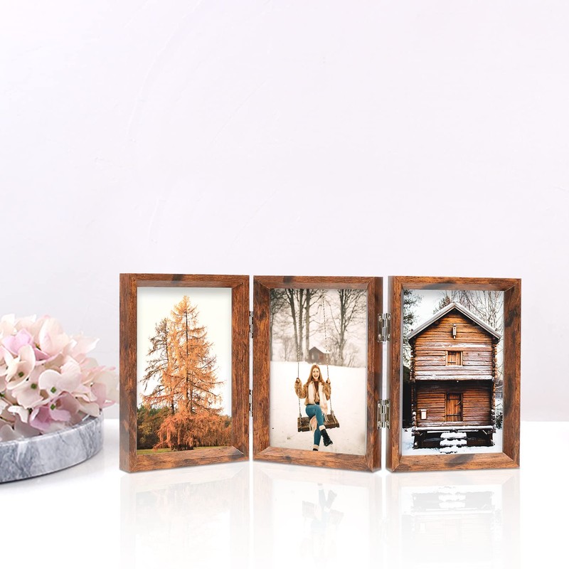 TOFOREVO 5x7 Triple Picture Frame Rustic Brown Wooden Hinged Beveled