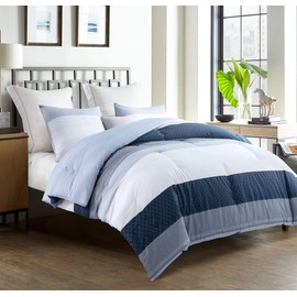SLEEPBELLA Queen Comforter Set, White and Navy Striped Patchwork Reversible Pattern, Cotton Fabric with Soft Microfiber Fill Duvet Sets, 3pc Down Alternative Bedding Set