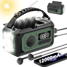 (12,000 mAh Large Capacity) Disaster Prevention Radio, Solar Multi-functional Radio, Hand Crank Radio, Flashlight, Reading Lamp, AM/FM Portable Radio, SOS, Emergency Alarm, Built-in 12,000 mAh