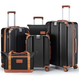 CASELLY Luggage Set 3 Piece Luggage with PC+ABS Hardshell TSA Lock Spinner Wheels Carry on Lightweight Suitcase,Cup Holder,YKK Zippers (Black, 5 piece sets(20/24/28/DB/TB))