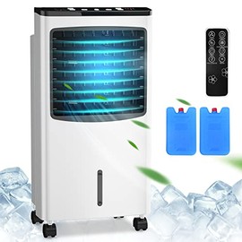 PETSITE Portable Evaporative Air Cooler, 3-in-1 Oscillation Cooling Fan with Remote Control, 2 Ice Packs, Humidifying, 3 Speeds, 7.5H Timer, Personal Swamp Cooler for Bedroom Home Office Garage