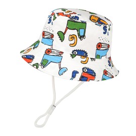 JUPSK Baby Sun Hat Toddler Summer Bucket Hat Wide Brim Beach Cotton Cap with Adjustable Chin Strap UPF50 for Kids Child Boys Girls 6-12 Months (White Tractor)