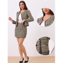 Allegra K Women's Business Suit Set Two Piece Outfits Checked Tweed Short Blazer Jacket and Skirt Set, brown