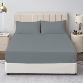 Rohi® Double Fitted Sheet with Two Pillowcases – 25cm Depth – Pure Polycotton Plain Bedding (Double Fitted Sheet & Pillowcases, Grey)