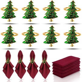 KPOSIYA 16pcs Christmas Tree Napkin Rings Set of 8 and 8 Christmas Napkins Cloth, Napkins holdes for Dinning Table Setting Decoration, Xmas Dinner Tables Rings for Winter Party
