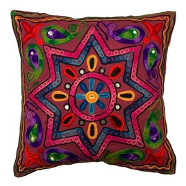 Original Kikan Boho Suzani Indian Star Cushion Cover 40x40cm Multicolor Embroidery Ethnic Pillow Cases Vegan Eco Friendly (Maroon)