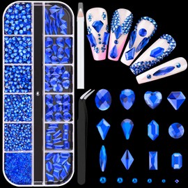 1560Pcs Royal Blue Glass Nail Rhinestones 60Pcs Multi Shapes Flatback Gems Crystal + 1500Pcs 1.5-4mm Round Beads, Manicure Diomand Jewelry Gemstones for Nail Design Makeup Acrylic Nails Decoration