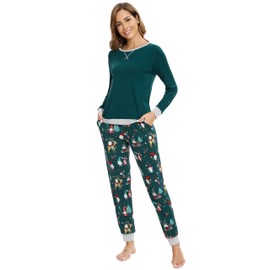 WiWi Viscose from Bamboo Women's Pajama Set Crew neck Soft Long-Sleeve Top + Yoga Pants sets with Pocket S-XXL, Dark Green+christmas Elk on Green, X-Large