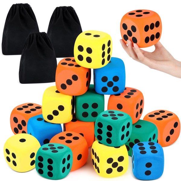 Meooeck 18 Pcs 3.15'' Large Eva Foam Dice Assorted Colors Soft Dot Dice Foam Yard Dice Cubes with Number Dots and Storage Bag for Building, Educational Toys, Math Teaching, Party Favors and Supplies