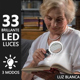 Lupas de Aumento Grande Plegable con Soporte, Lupa con Luz Led, Lupa de Mano o de Sobremesa, Lupa Led de Ajustable de 3 Colores para niños, Personas Mayores, Lectura, inspección, Monedas, Joyas