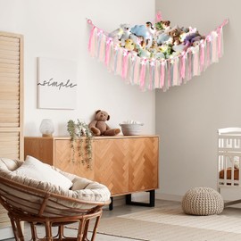 Teddy Hammock with LED Light, Boho Decor Plush Toy Storage Net, Teddy Bear Soft Toy Storage, Hand Woven Plush Macrame Toy Hammock for Stuffed Animals Pink