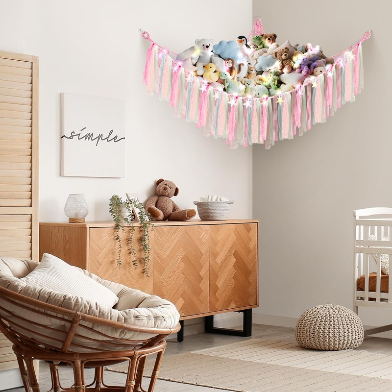 Teddy Hammock with LED Light, Boho Decor Plush Toy Storage