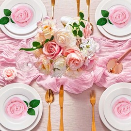 FuSenYuan Blush Pink Cheesecloth Table Runner 12Ft and 10 Napkins, Rustic Gauze Sheer Table Runner for Farmhouse Boho Wedding Bridal Baby Shower Birthday