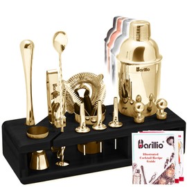 Barillio Gold Bartender Kit - Stainless-Steel Cocktail Shaker Set w/Black Bamboo Stand - Mixology Bar Tools w/Drink Shaker, Mixer, and Muddler for Cocktails - Home Bar Accessories - 23-Pc Bar Set