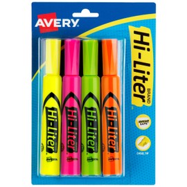Avery Hi-Liter Desk-Style Highlighters, Smear Safe Ink, Chisel Tip, 4 Assorted Color Highlighters (24063)