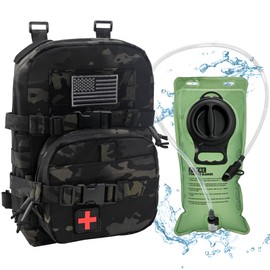 Tactical Mini Molle Hydration Pack,Molle Hydration Carrier with IFAK Pouch&US Flag&Med Patch,Hydropack for 2L Water Bladder, Bcp+bladder, Medium, Military Tactical