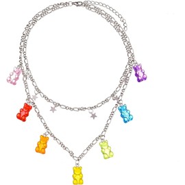 7 Colors Gummy Bear Necklace, Colorful Aesthetic Pendant Chain Necklace, Layered Choker Necklaces, Gummy Bear Necklaces, Adjustable Multilayer Chain Necklace for Women Girls