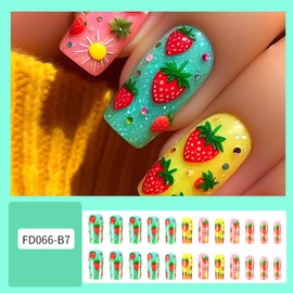 Strawberry Press on Nails Medium Square Artificial Acrylic Fake Nails Embossed 3D Strawberry Pattern Design Colorful Glossy Stick on Nail Full Cover Coffin Artificial Fingernails for Women 24Pcs