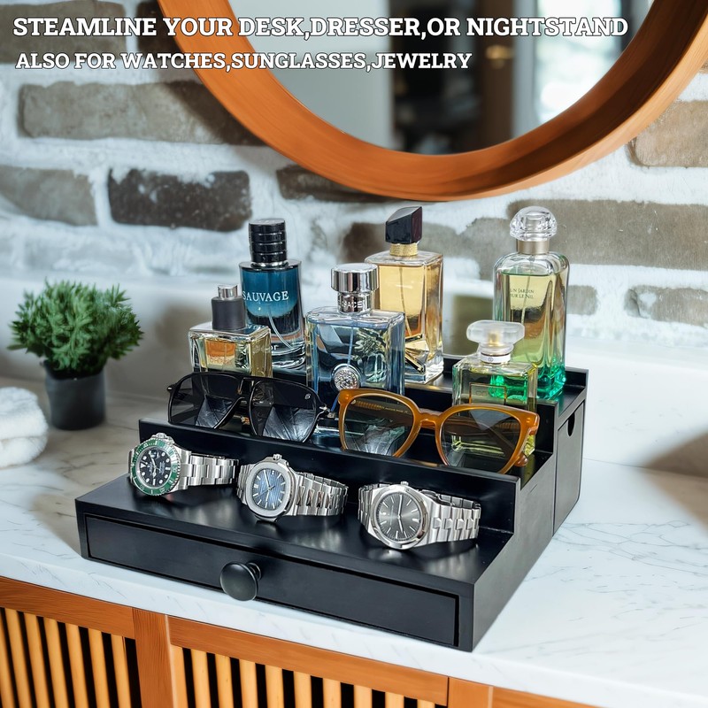 Classic Wooden Cologne Organizer for Men 3 Tier Black |