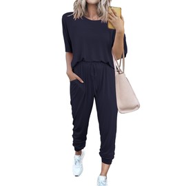 PRETTYGARDEN Women's Two Piece Lounge Sets 2025 Spring Summer Jogger Pants Vacation Outfits Travel Airplane Matching Clothes (Navy,Small)