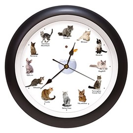 Mark Feldstein & Associates Meowing Cat Sounds Wall Clock, 13", Black, 12 Popular Breeds