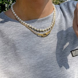 Stocking Stuffers Pearl Necklace Men Cuban Link Chain Necklace for Men Pearl Layered Neckklace Dainty Gold Paperclip Chain Necklace Christmas Gifts for Men