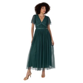 Anaya with Love Women's Ladies Midaxi Dress V-Neck Short Flutter Sleeve Ribbon A-line Tulle for Bridesmaid Wedding Guest Prom Ball Gown Emerald Green 16