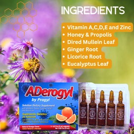 Aderogyl Oral Liquid Vitamins with A, C, D, E, Zinc, Bee Honey, Propolis, and Botanical Extracts - Natural Orange Flavor - 5 Immune Support Supplement Ampoules (0.85 fl oz / 25 ml)